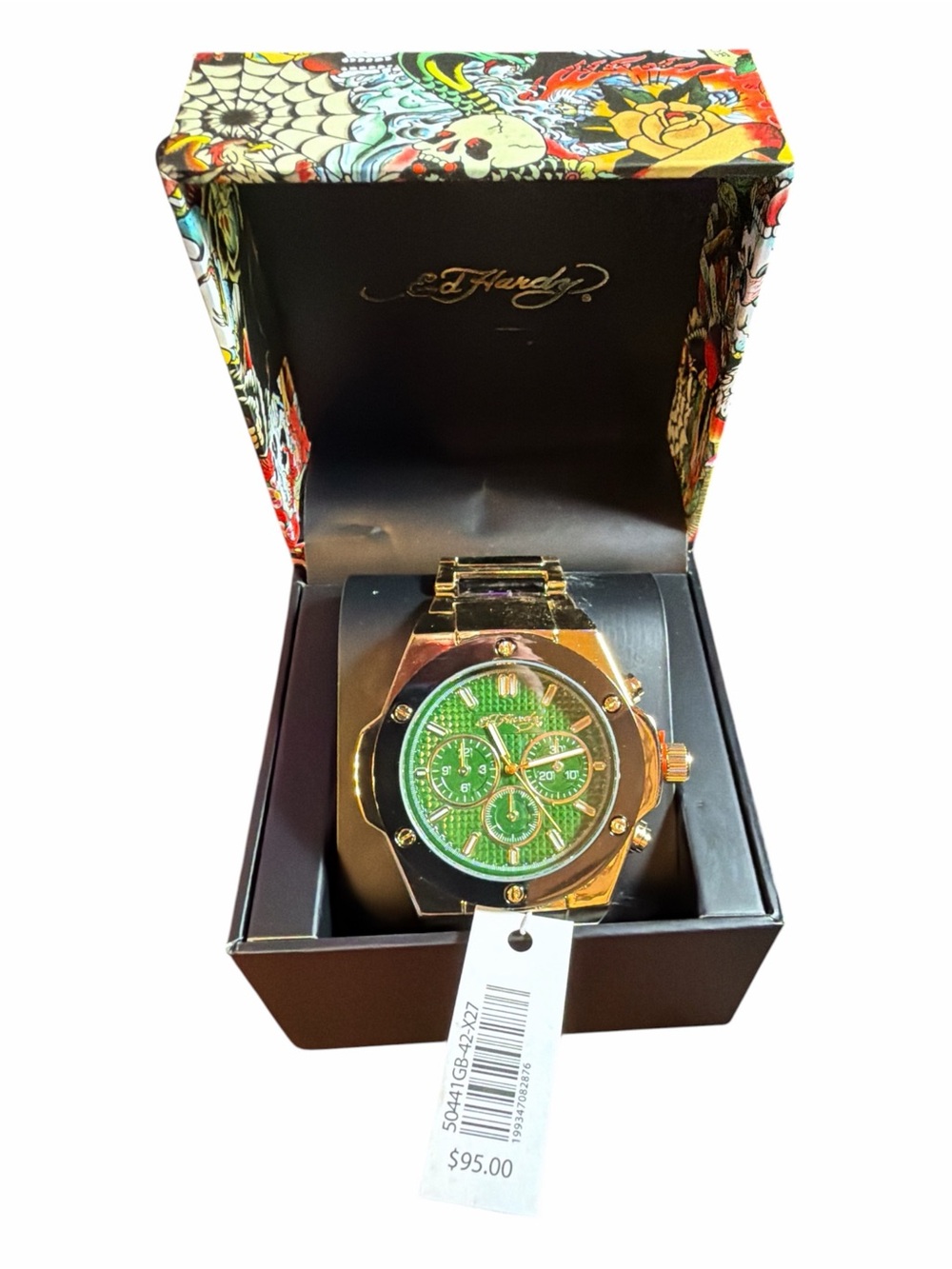NWT Ed Hardy Gold Tone Watch Emerald Green Dial Black Bezel (NIB)